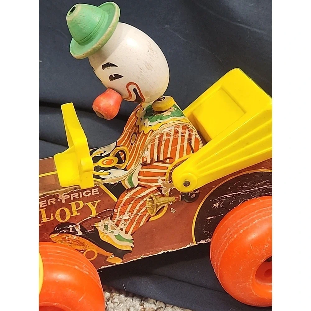 Vintage 1965 Fisher Price Jolly Jalopy Clown Drive Wooden Pull Toy #724